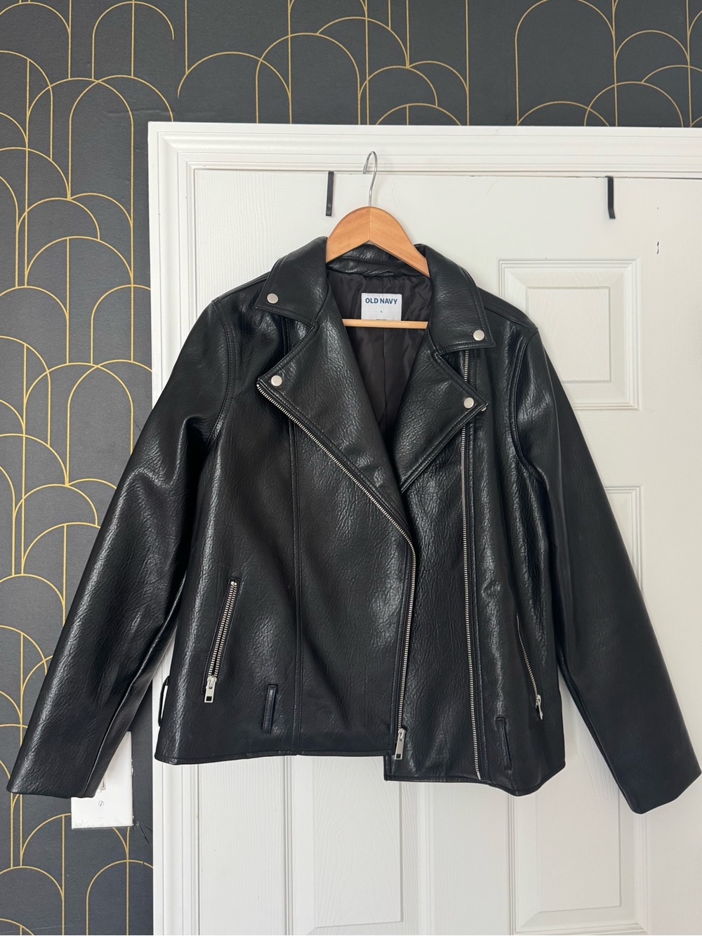 Old Navy Black Faux Leather Moto Jacket with Silver Hardware